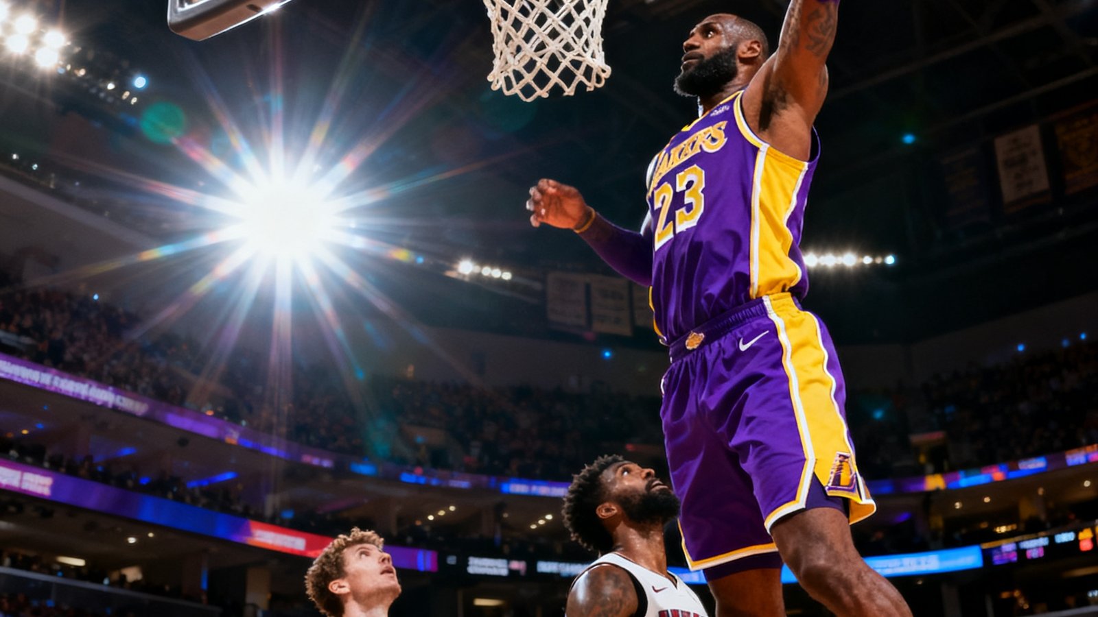NBA总决赛第七场，身穿紫色球衣的超级巨星在快攻中完成一记单手劈扣，篮筐下的防守球员仰头注视，球馆内闪光灯此起彼伏